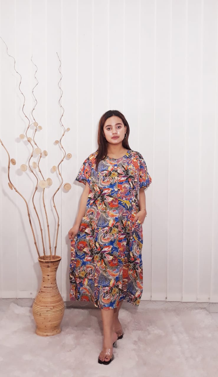 Daster Batik Kencana Ungu Lengan Pendek Rayon Label Biru