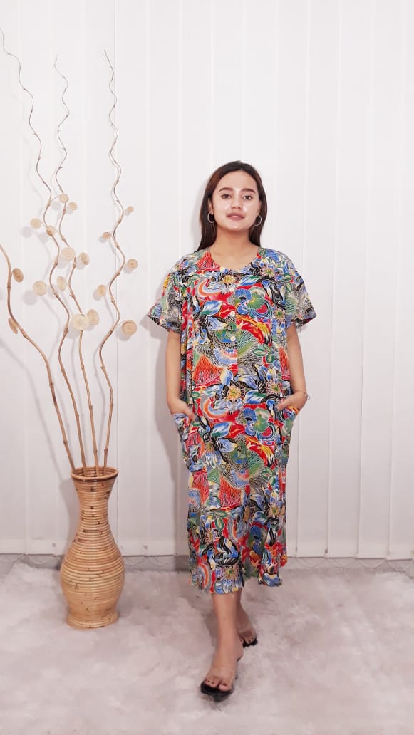 Daster Batik Kencana Ungu Lengan Pendek Rayon Label Biru