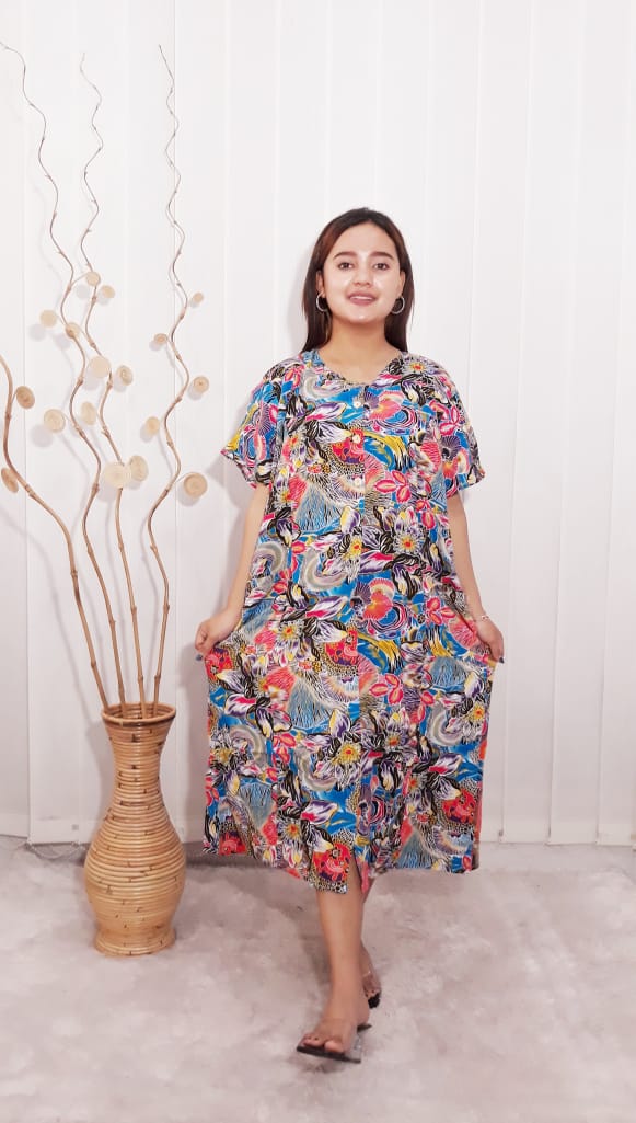 Daster Batik Kencana Ungu Lengan Pendek Rayon Label Biru
