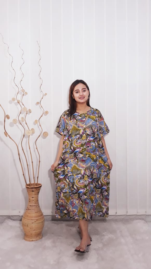 Daster Batik Kencana Ungu Lengan Pendek Rayon Label Biru
