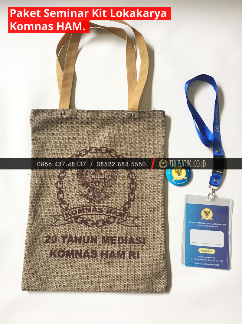 Paket Seminar Kit Murah Unik : Tas Tote Bag Goni, Lanyard, ID Card, Pin Merchandise Resmi Semiloka KOMNAS HAM