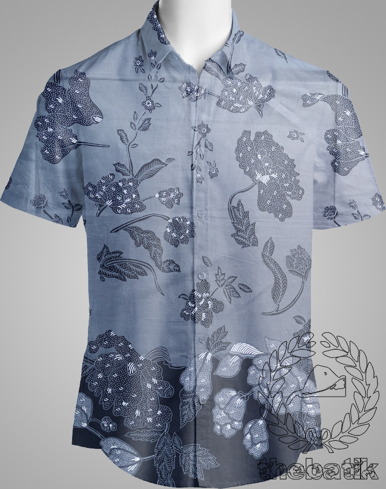 Bahan Seragam Batik Semi Tulis Motif Buketan Navy Abu-Abu Ukuran 2.4 m