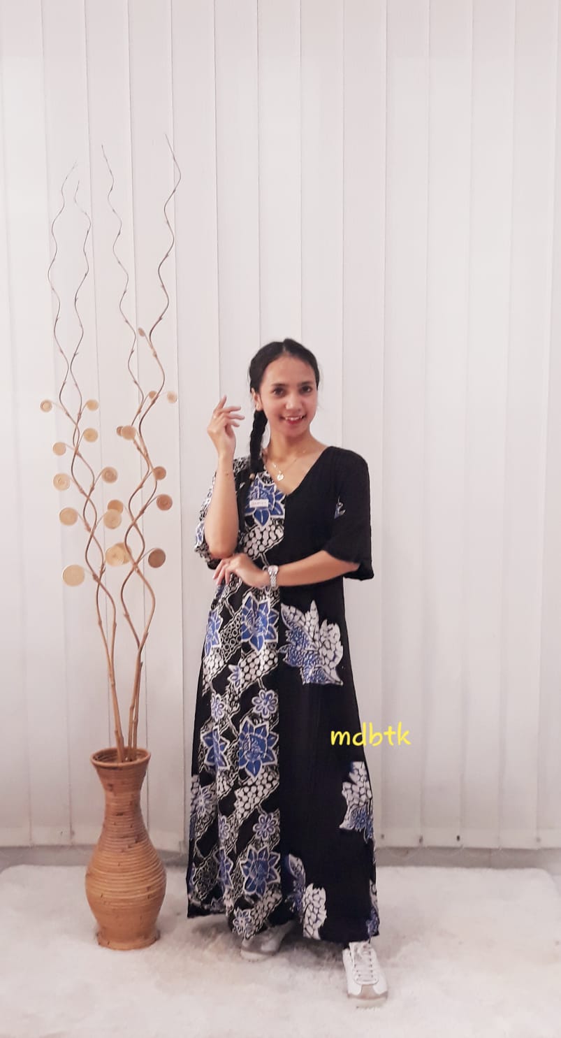 Baju Tidur Batik Long Dress Hansen Lengan Pendek Bahan Rayon Kombinasi Hitam