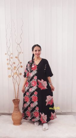 Baju Tidur Batik Long Dress Hansen Lengan Pendek Bahan Rayon Kombinasi Hitam