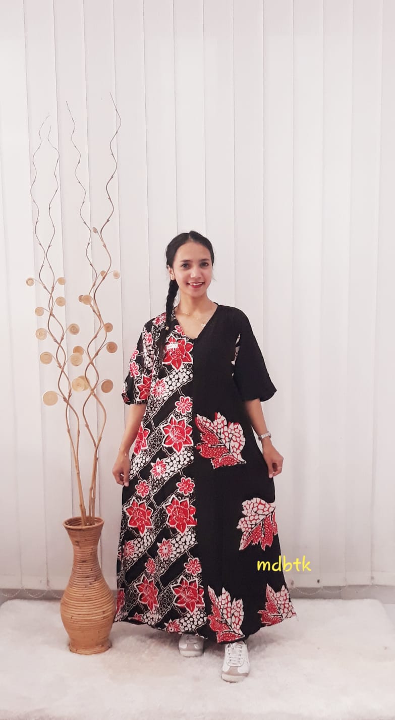 Baju Tidur Batik Long Dress Hansen Lengan Pendek Bahan Rayon Kombinasi Hitam