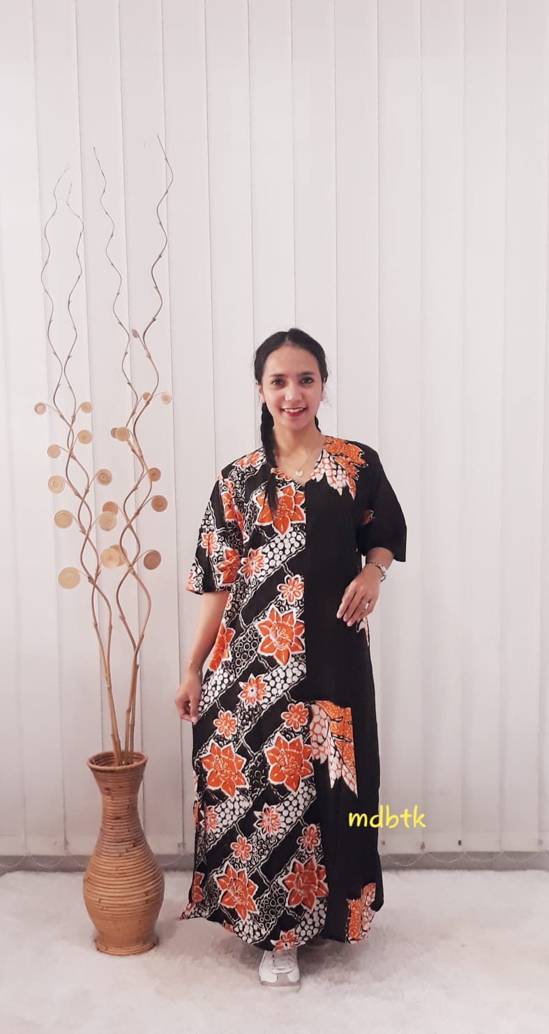 Baju Tidur Batik Long Dress Hansen Lengan Pendek Bahan Rayon Kombinasi Hitam
