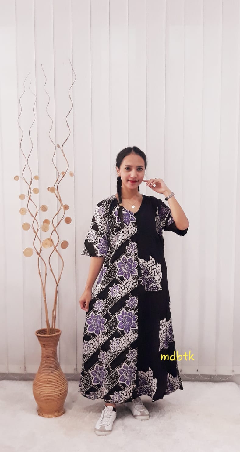 Baju Tidur Batik Long Dress Hansen Lengan Pendek Bahan Rayon Kombinasi Hitam