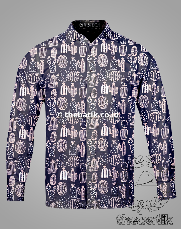 Kain Batik Seragam Primisima Motif Kaktus Biru Dongker untuk Seragam Kantor / Guru / Pernikahan / Keluarga