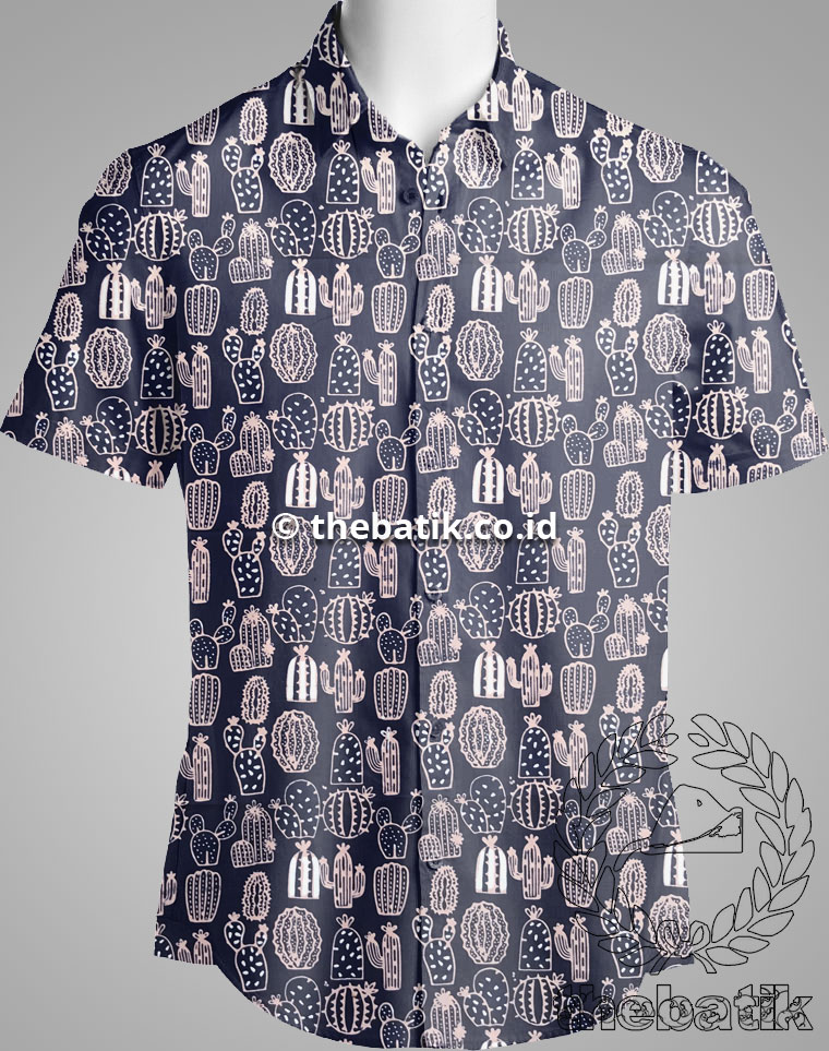 Kain Batik Seragam Primisima Motif Kaktus Biru Dongker untuk Seragam Kantor / Guru / Pernikahan / Keluarga