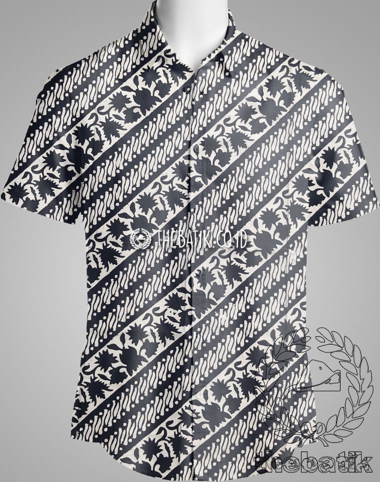 Bahan Seragam Batik Kelengan Monokrom Satu Warna Motif Parang Seling Kembang Dongker