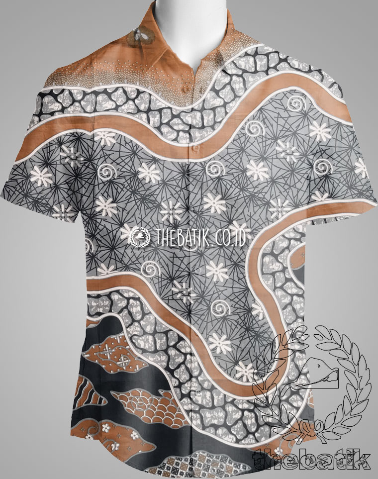 Bahan Kain Seragam Batik Modern Motif Kombinasi Orange Abu-Abu Ukuran 2.4 m
