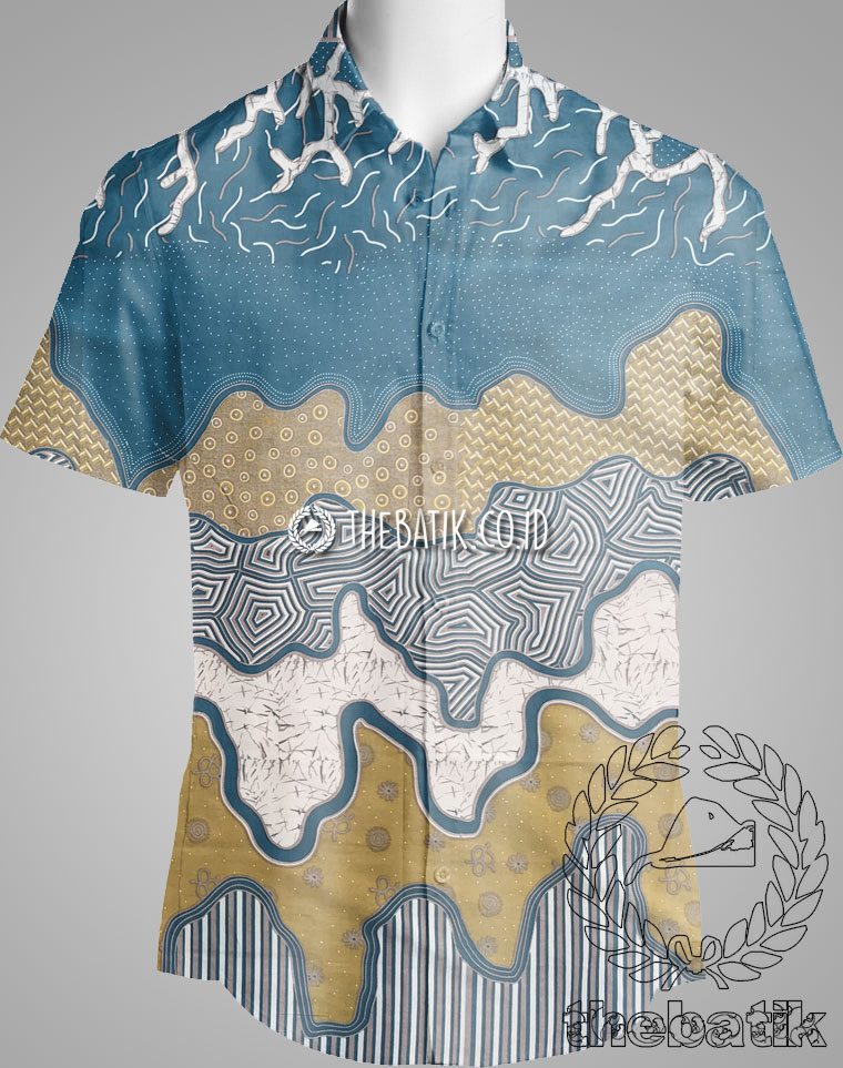 Bahan Kain Seragam Batik Modern Motif Kombinasi Toska Kuning Ukuran 2.4 m
