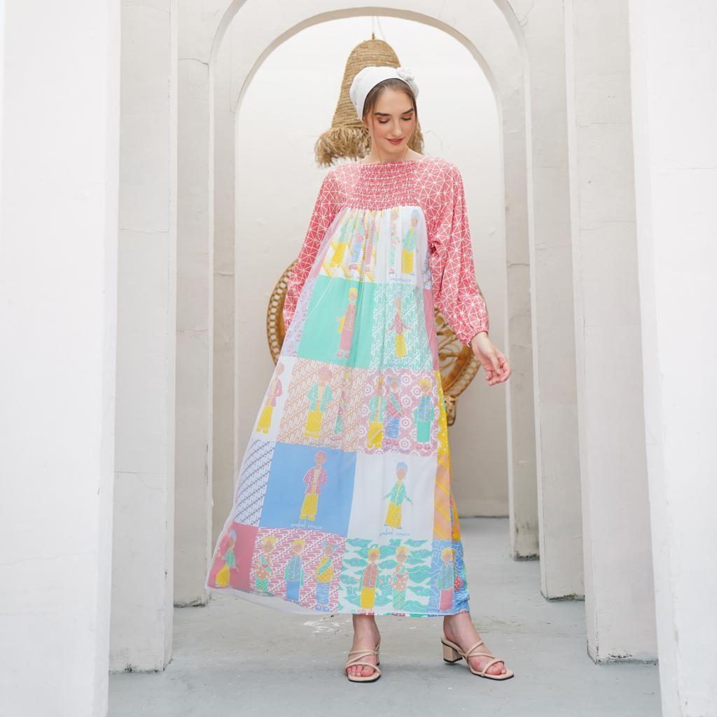 Baju Gamis Batik Semerbak Kerah Oblong Bahan Rayon Warna Pastel Grosir Seri (isi 5)