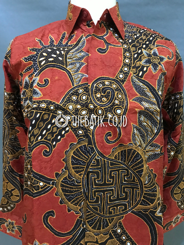 Baju Kemeja Batik Tulis Sutra ATBM Baron Lengan Panjang Motif Banji Modern Kontemporer Merah Marun