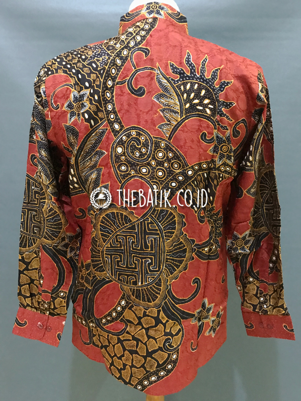 Baju Kemeja Batik Tulis Sutra ATBM Baron Lengan Panjang Motif Banji Modern Kontemporer Merah Marun