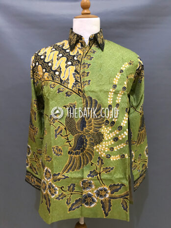 Baju Kemeja Batik Tulis Sutra ATBM Baron Lengan Panjang Motif Burung Hijau