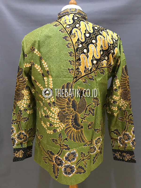 Baju Kemeja Batik Tulis Sutra ATBM Baron Lengan Panjang Motif Burung Hijau