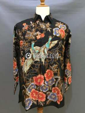 Ready to Wear Hand Drawn Silk Batik Long Sleeve Men Black Bird Floral (size XL)