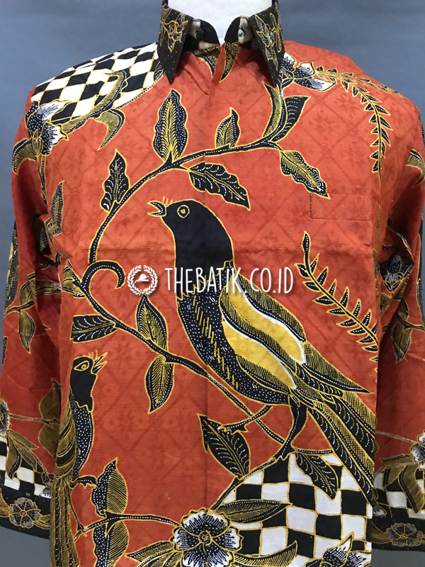 Baju Kemeja Batik Tulis Sutra ATBM Baron Lengan Panjang Motif Burung Poleng Kotak Merah Marun