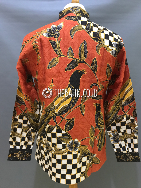 Baju Kemeja Batik Tulis Sutra ATBM Baron Lengan Panjang Motif Burung Poleng Kotak Merah Marun