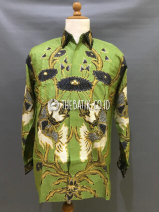 Baju Kemeja Batik Tulis Sutra ATBM Baron Lengan Panjang Motif Ikan Hijau