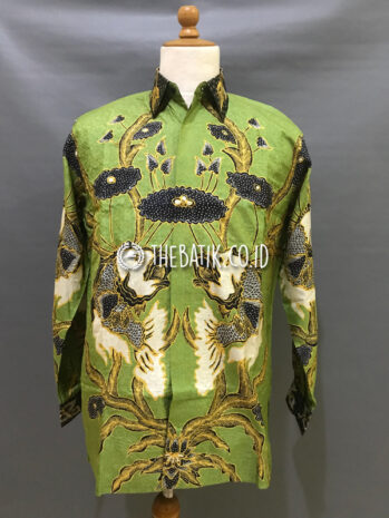 Baju Kemeja Batik Tulis Sutra ATBM Baron Lengan Panjang Motif Ikan Hijau