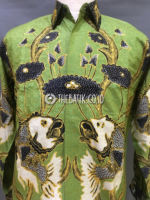 Baju Kemeja Batik Tulis Sutra ATBM Baron Lengan Panjang Motif Ikan Hijau