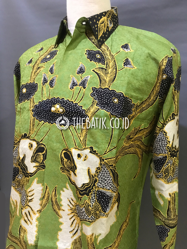 Baju Kemeja Batik Tulis Sutra ATBM Baron Lengan Panjang Motif Ikan Hijau