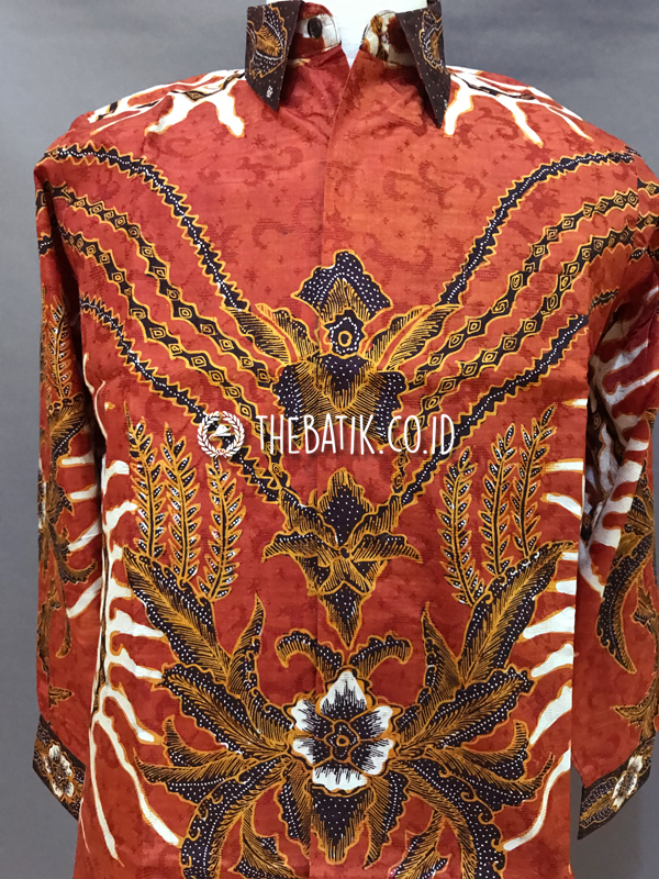 Ready to Wear Hand Drawn Silk Batik Long Sleeve Men Red Brick (size S)