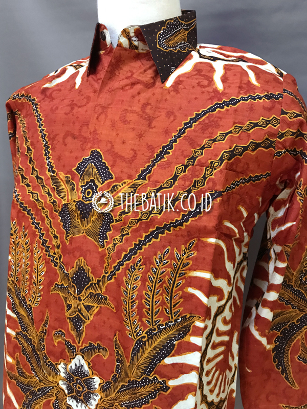 Ready to Wear Hand Drawn Silk Batik Long Sleeve Men Red Brick (size S)