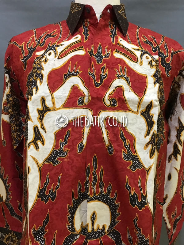 Ready to Wear Hand Drawn Silk Batik Long Sleeve Men Maroon Fire Horse (size XL)