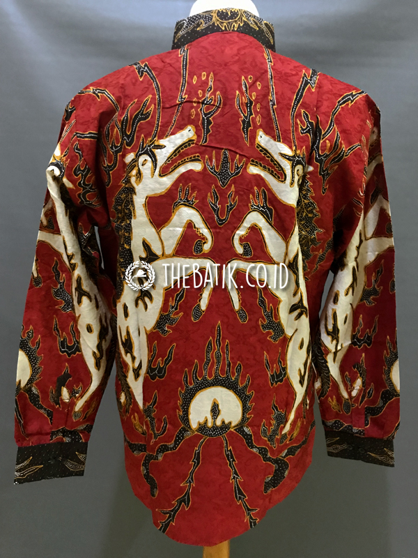 Ready to Wear Hand Drawn Silk Batik Long Sleeve Men Maroon Fire Horse (size XL)
