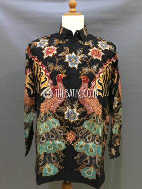 Ready to Wear Hand Drawn Silk Batik Long Sleeve Men Black Floral Peacock (size XL)