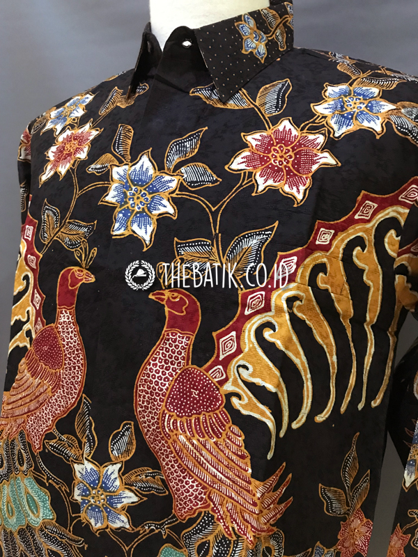 Ready to Wear Hand Drawn Silk Batik Long Sleeve Men Black Floral Peacock (size XL)