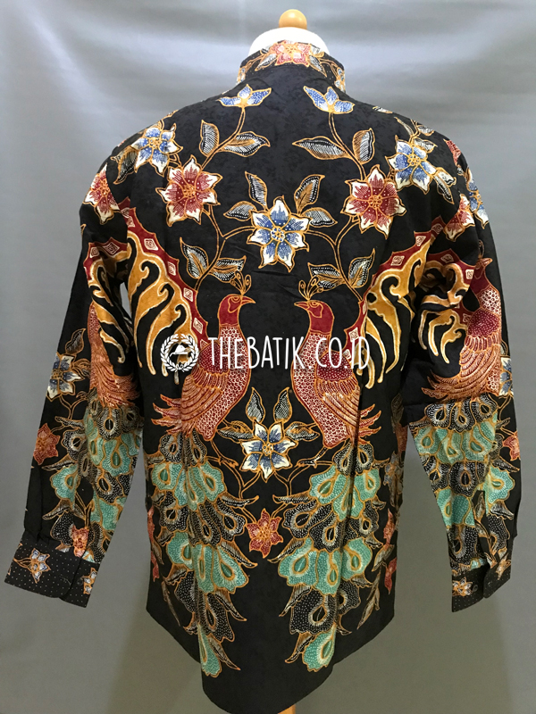 Ready to Wear Hand Drawn Silk Batik Long Sleeve Men Black Floral Peacock (size XL)
