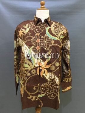 Ready to Wear Hand Drawn Silk Batik Long Sleeve Men Brown Abstract Floral (size XL)