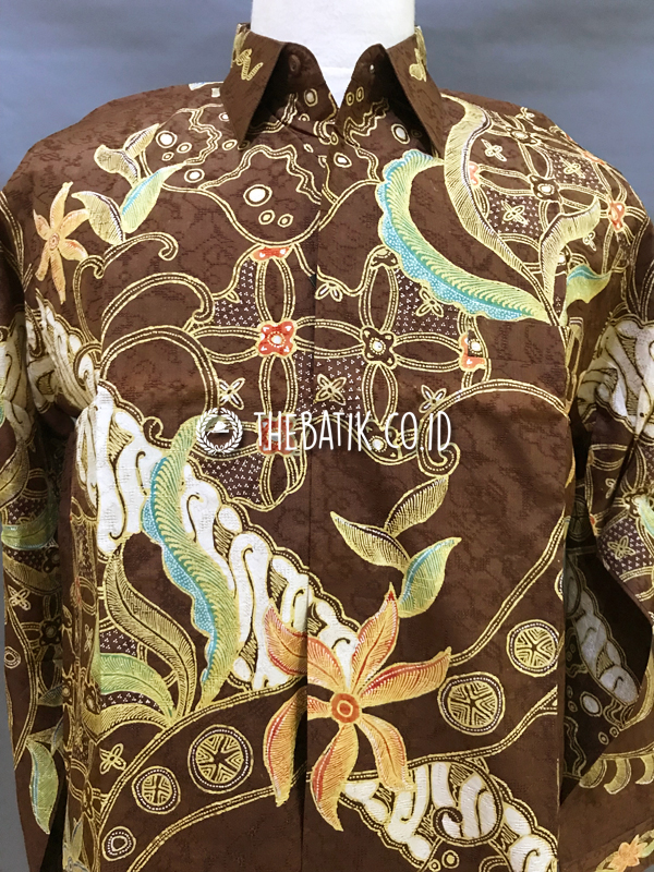 Ready to Wear Hand Drawn Silk Batik Long Sleeve Men Brown Abstract Floral (size XL)