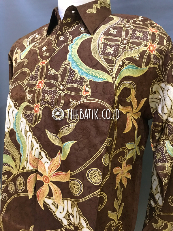 Ready to Wear Hand Drawn Silk Batik Long Sleeve Men Brown Abstract Floral (size XL)