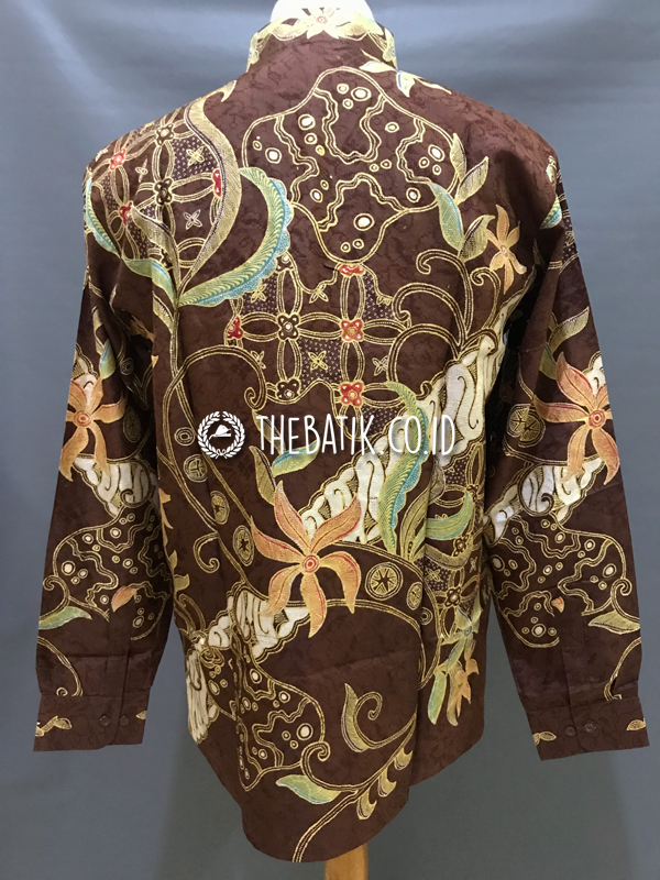 Ready to Wear Hand Drawn Silk Batik Long Sleeve Men Brown Abstract Floral (size XL)