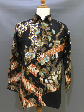 Ready to Wear Hand Painted Silk Batik Long Sleeve Men Black Abstract Floral (size XL)