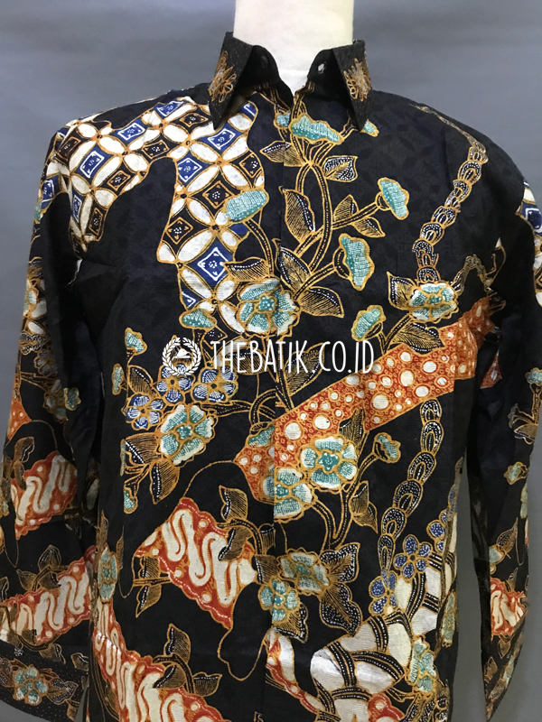 Ready to Wear Hand Painted Silk Batik Long Sleeve Men Black Abstract Floral (size XL)