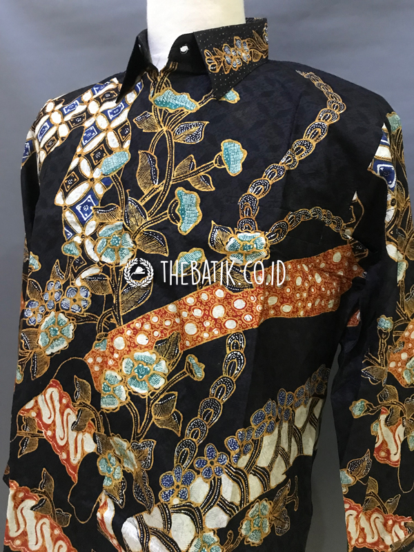 Ready to Wear Hand Painted Silk Batik Long Sleeve Men Black Abstract Floral (size XL)