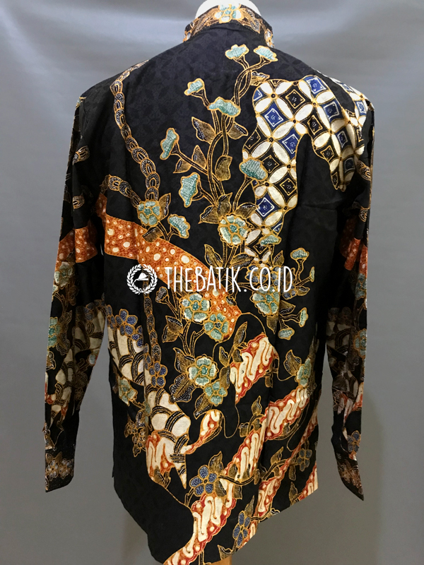 Ready to Wear Hand Painted Silk Batik Long Sleeve Men Black Abstract Floral (size XL)