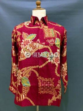 Ready to Wear Hand Drawn Silk Batik Long Sleeve Men Maroon (size S)