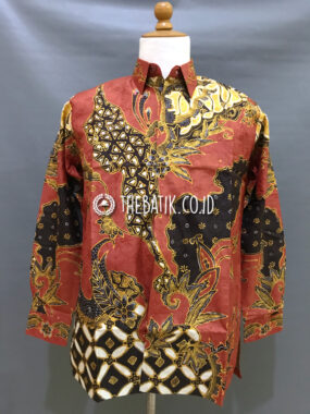 Baju Kemeja Batik Tulis Sutra ATBM Baron Lengan Panjang Motif Modern Kontemporer Merah Marun