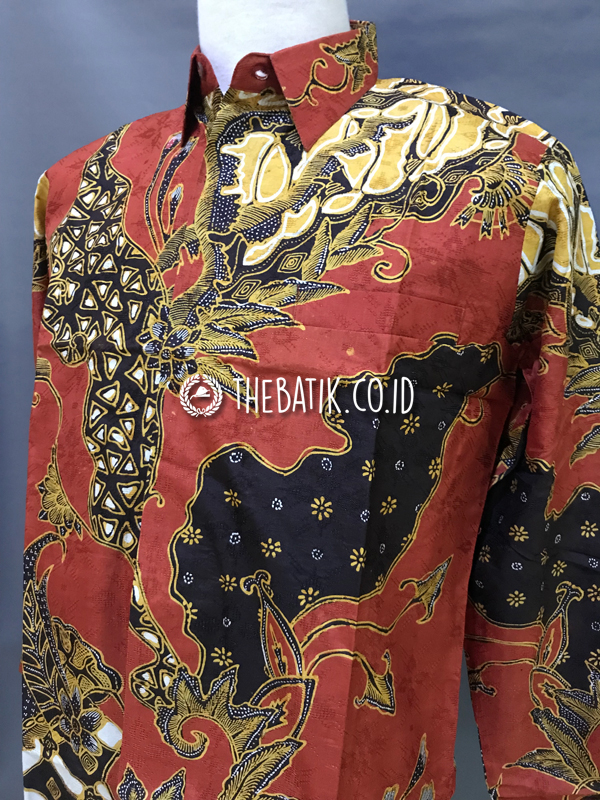 Baju Kemeja Batik Tulis Sutra ATBM Baron Lengan Panjang Motif Modern Kontemporer Merah Marun