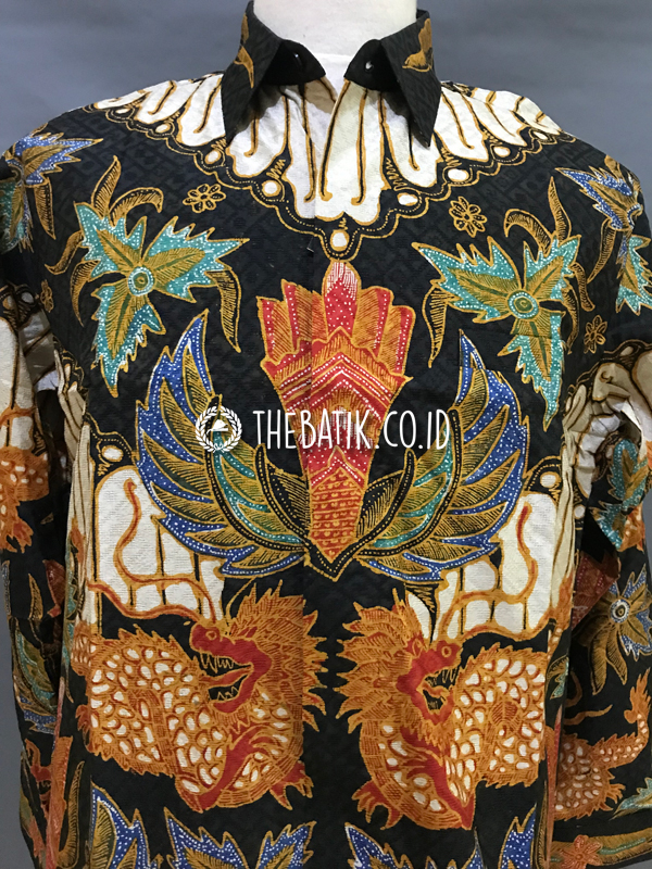 Ready to Wear Hand Painted Silk Batik Long Sleeve Men Black Gurdo Raja (size XL)