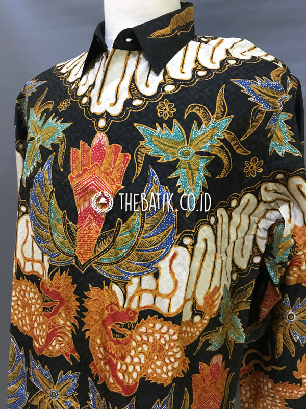 Ready to Wear Hand Painted Silk Batik Long Sleeve Men Black Gurdo Raja (size XL)