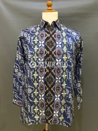 Baju Kemeja Batik Tulis Sutra ATBM Baron Lengan Panjang Motif Parang Songket Modern Biru