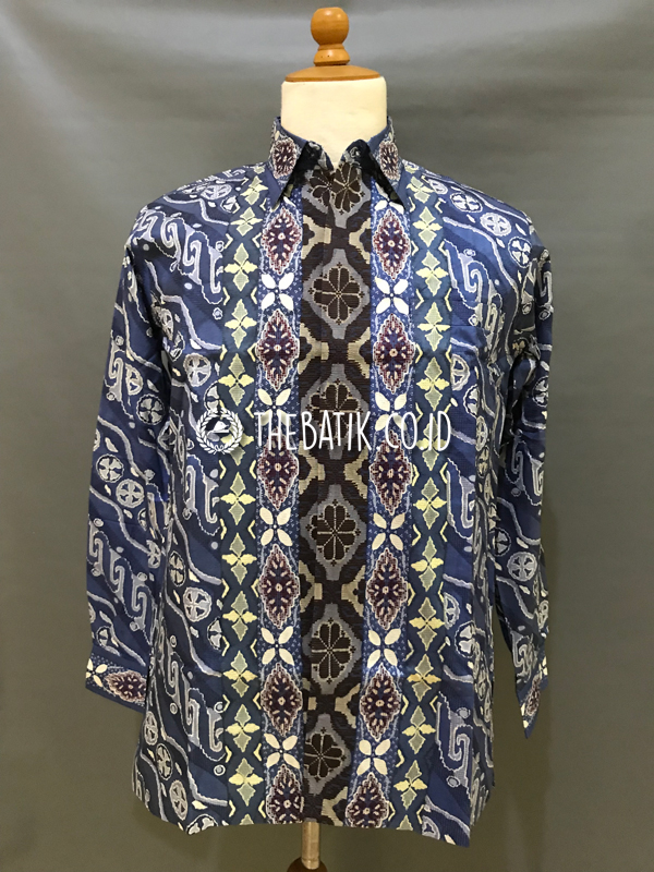 Baju Kemeja Batik Tulis Sutra ATBM Baron Lengan Panjang Motif Parang Songket Modern Biru